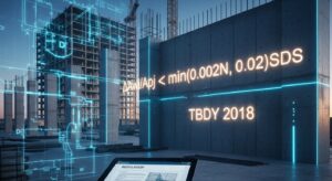 TBDY 2018 yeni tebliğ kapsamında ruhsat aşamasında kontrol edilen perde alanı formülü (ΣAwi/Apj) ve modern inşaat sahası üzerindeki statik proje detaylarını gösteren konsept kapak görseli