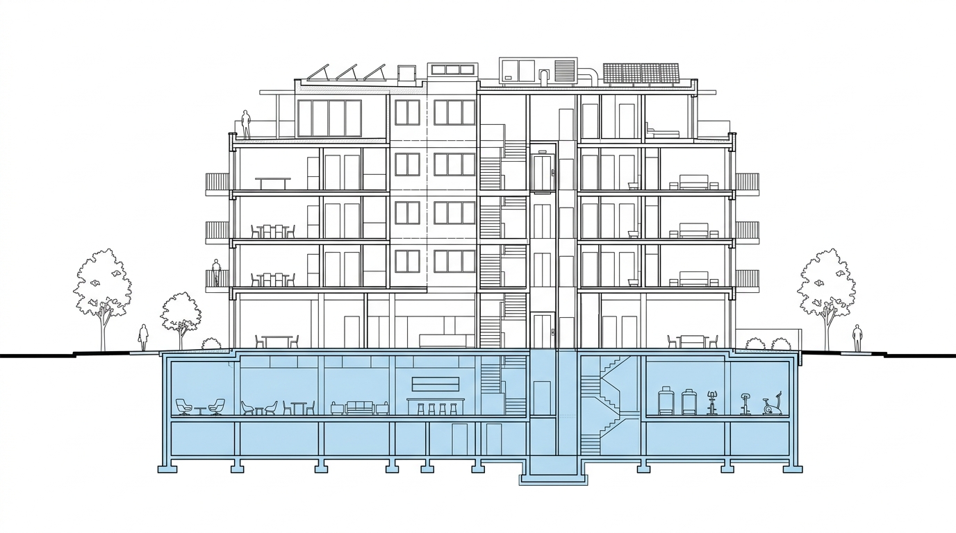 Toprağa gömülü bodrum kat sosyal mekan emsal muafiyeti kesiti