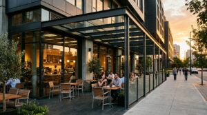 Çelik kolonlu modern bir sundurma altında, dükkanın dış mekan kullanımı için masa ve sandalye düzenlemeleri ile aktif bir şekilde kullanılan ortak alan çekme mesafesi alanı