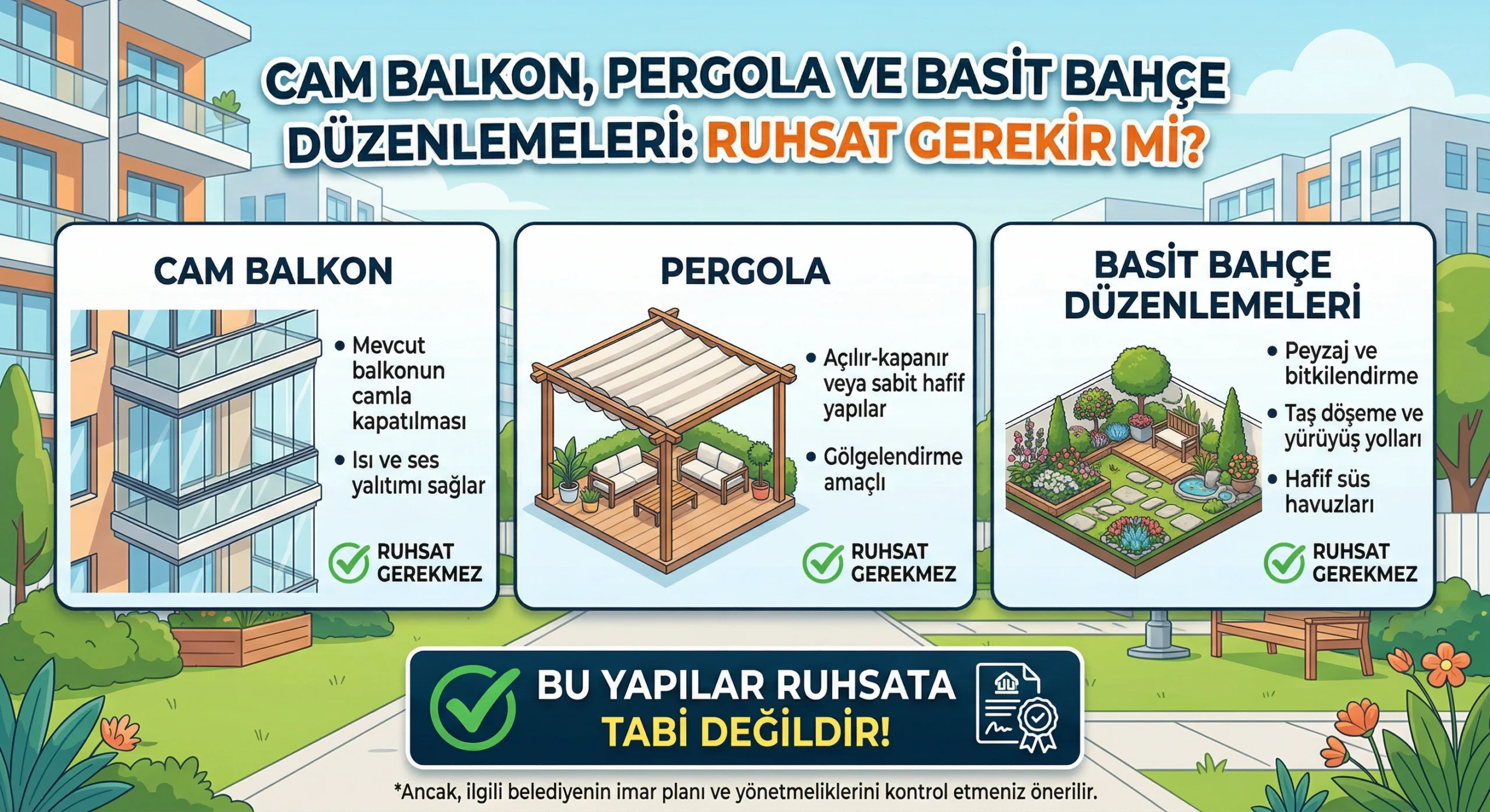 Ruhsat gerektirmeyen basit tadilatlar: Cam balkon, pergola ve bahçe duvarı uygulaması.
