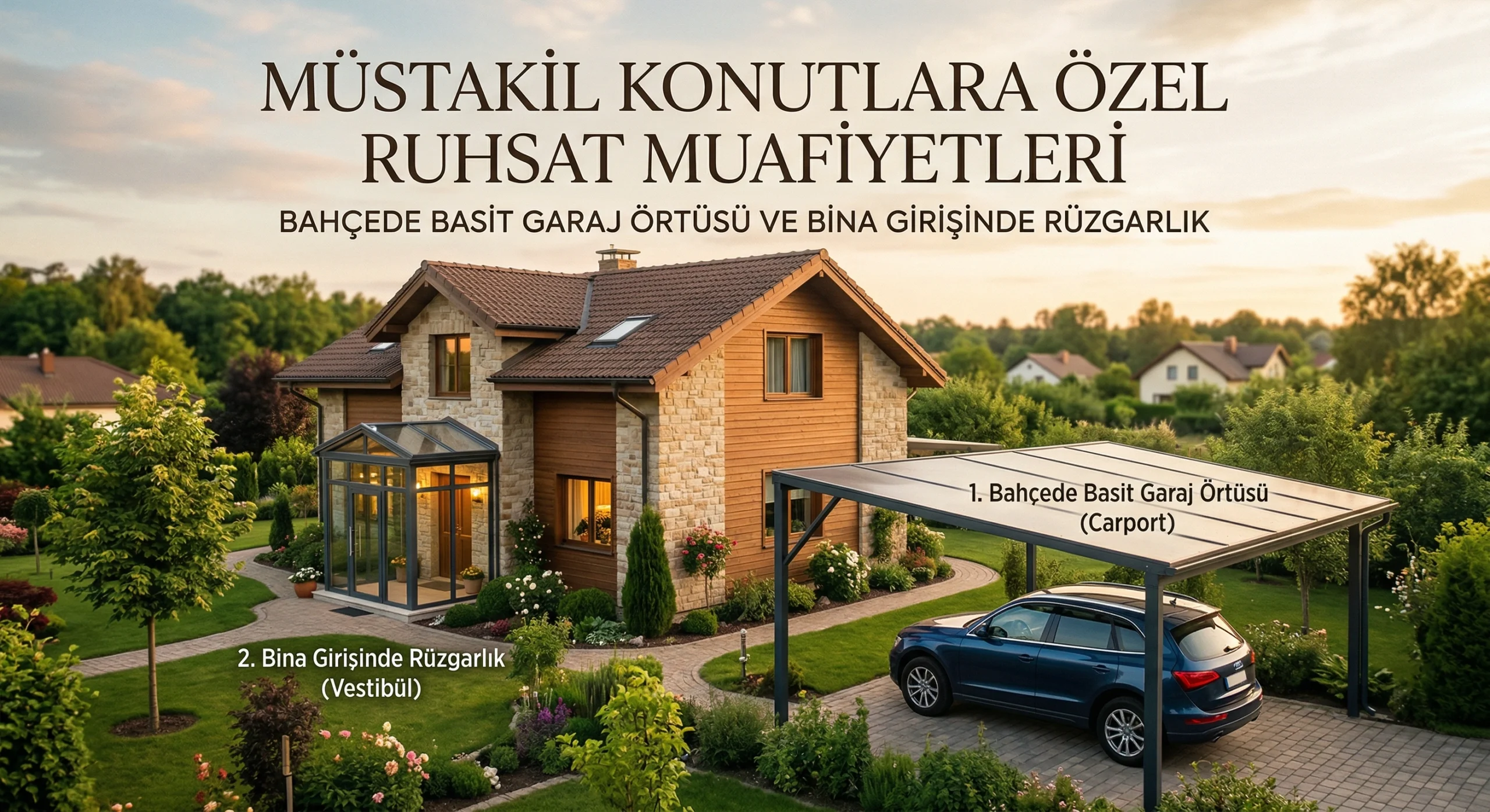 Müstakil konutlara özel ruhsat muafiyetleri: Bahçede basit garaj örtüsü ve bina girişinde rüzgarlık.